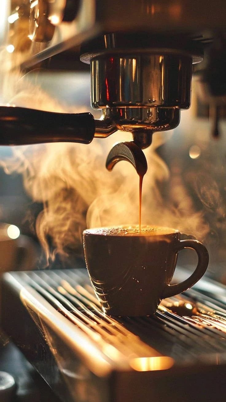 Espresso pulling from a machine into a small cup, steam rising off it.