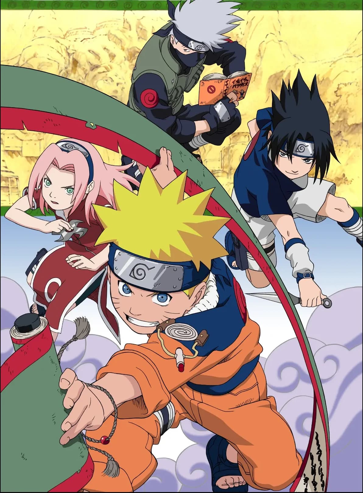 Naruto key art: Kakashi, Sakura, Sasuke and Naruto leaping forward together.