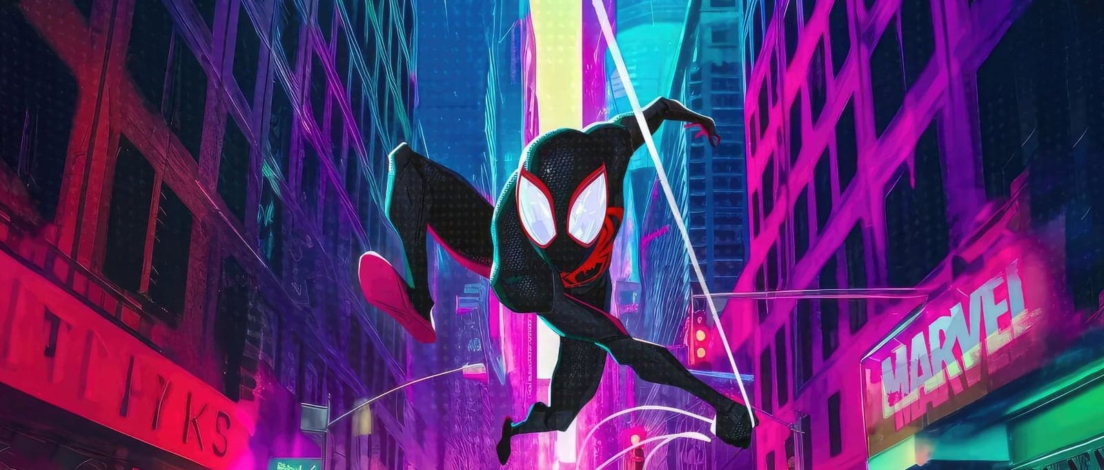 Miles Morales mid-swing through a neon city.