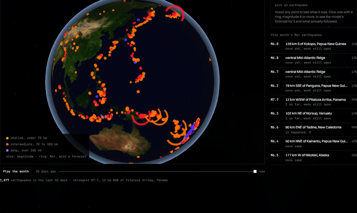 The earthquake demo: a month of earthquakes on a globe, the big ones ringed.