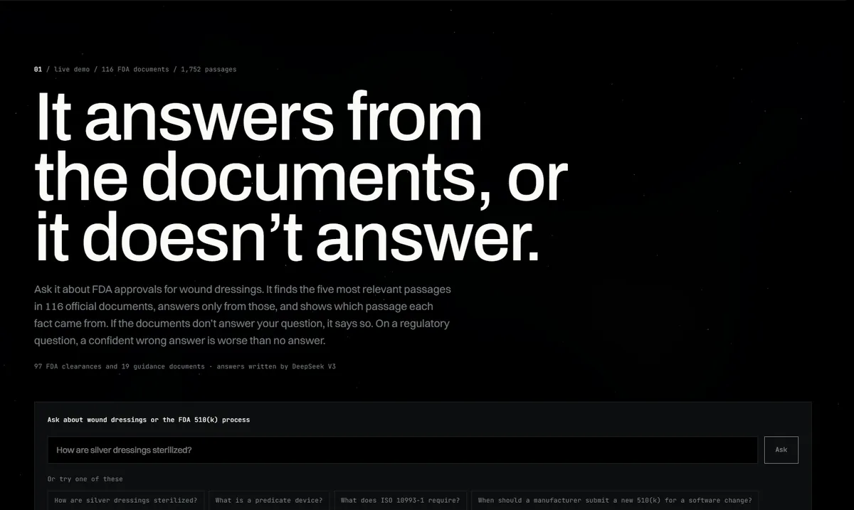 The FDA filings demo: ask a question and it answers from the documents or not at all.